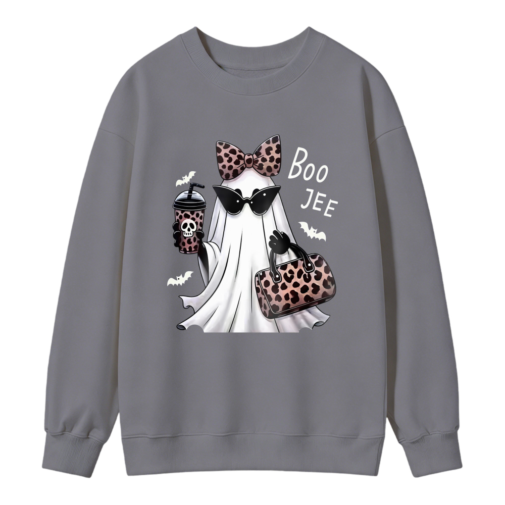 Cute Ghost With Leopard Bow Sunglasses And Coffee Cup Boo Jee Halloween Graphic Sweatshirt