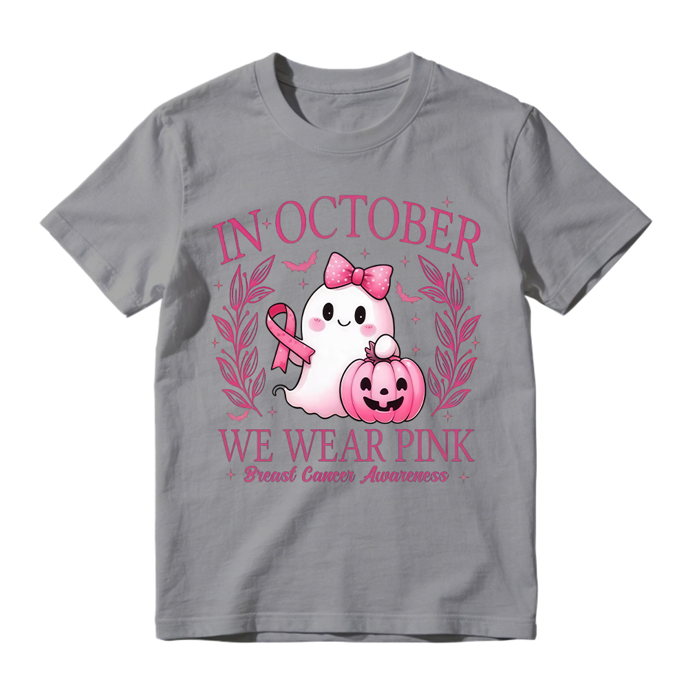 In October We Wear Pink Shirt, Retro Breast Cancer Awareness Shirt, Halloween Pink Ghost , Breast Cancer Halloween Unisex