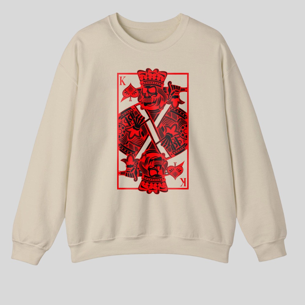 Red King Card Design With Crown And Crossed Swords tshirt 100% cotton