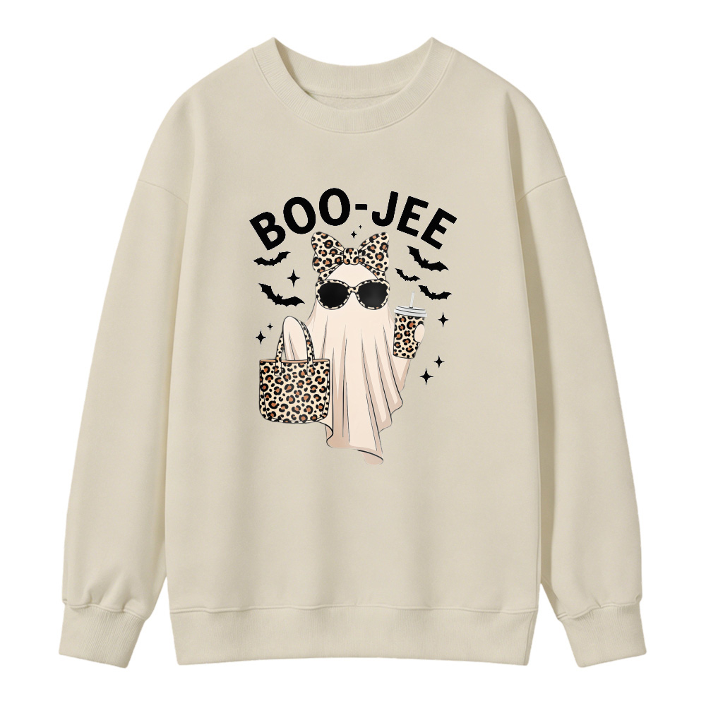 Boo Jee Funny Ghost With Leopard Print Bow Sunglasses And Coffee Cup Halloween Sweatshirt