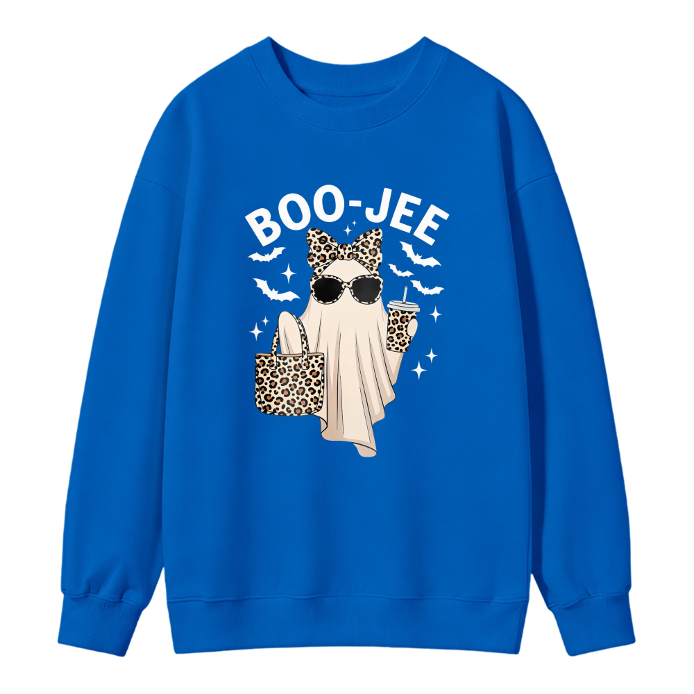 Boo Jee Funny Ghost With Leopard Print Bow Sunglasses And Coffee Cup Halloween Sweatshirt