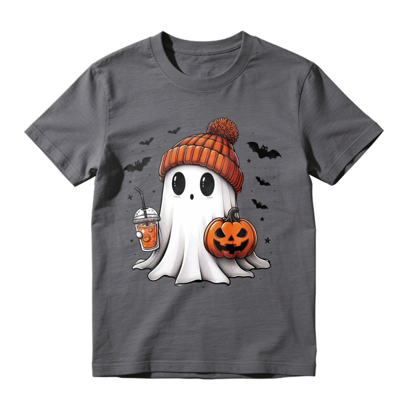 Cute Ghost Wearing Orange Beanie Holding Pumpkin And Drink Halloween T-shirt