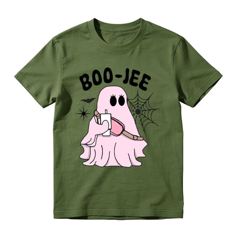 Trendy Boo Jee Pink Ghost Holding Beverage Print Tee Halloween Daily Top