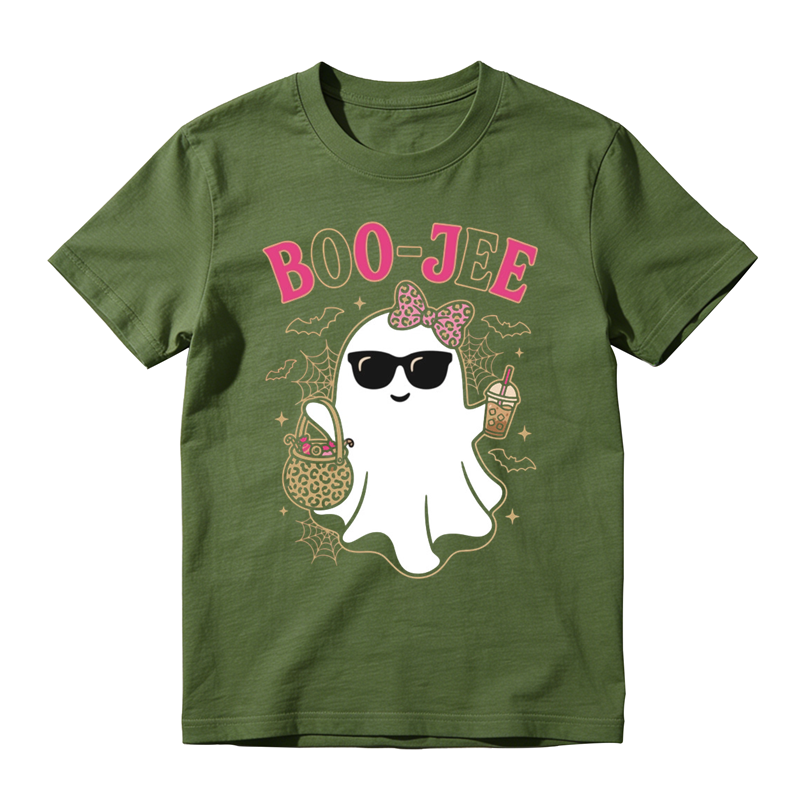 Stylish Boo Jee Ghost With Candy Basket Print Tee Spider Web Bat Halloween Top