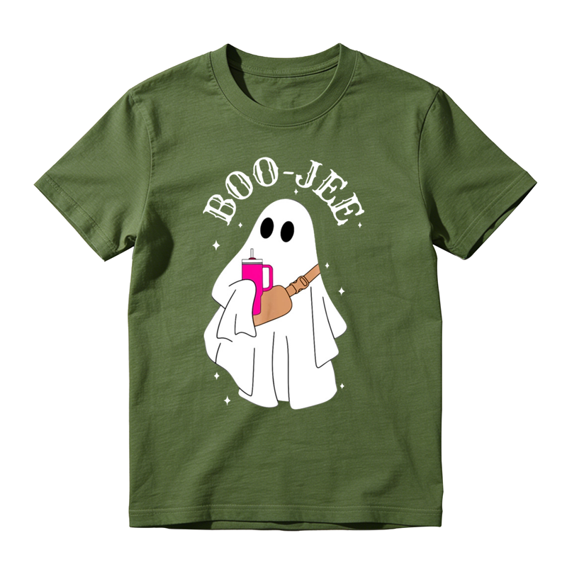 Trendy Ghost Holding Beverage Cup Graphic Tee Boo Jee Halloween Fashion Top