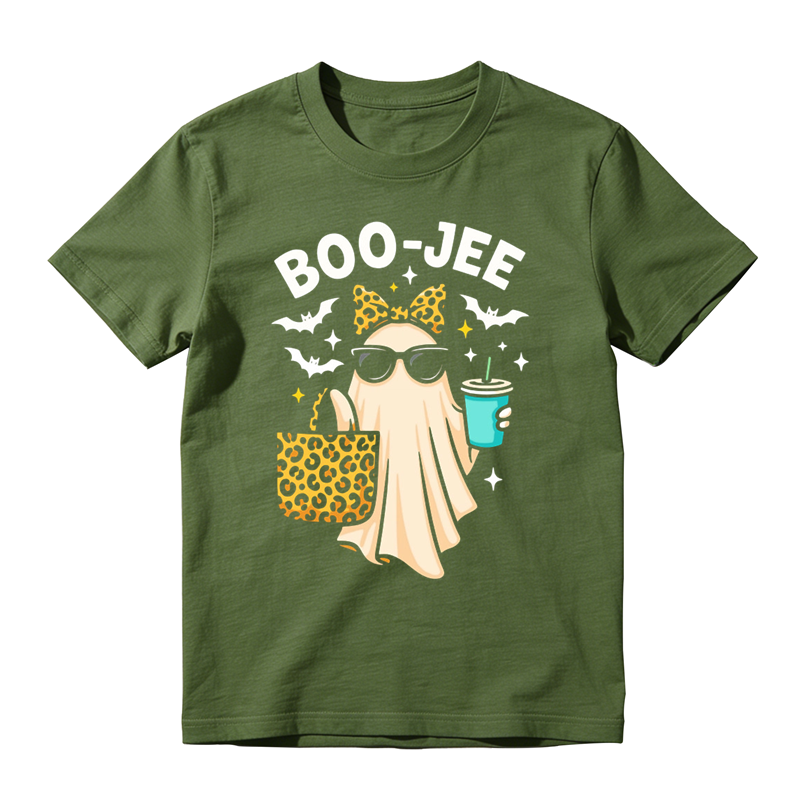 Trendy Leopard Accessory Ghost Iced Drink Print Tee Boo Jee Halloween Daily Top
