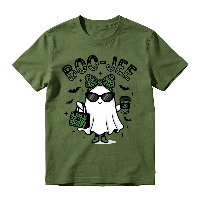 Stylish Boo Jee Ghost With Green Leopard Handbag Print Tee Bat Star Halloween Top