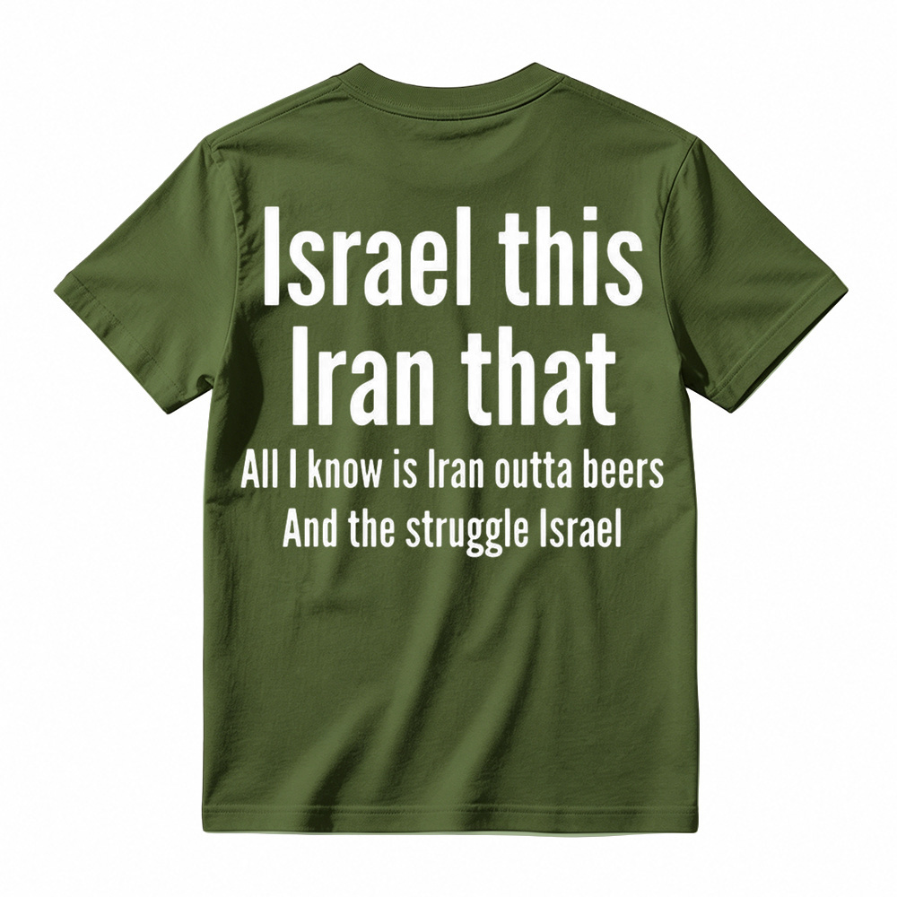 Men's humorous graphic T-shirt featuring the pun "All I Know Is Iran Outta Beers"