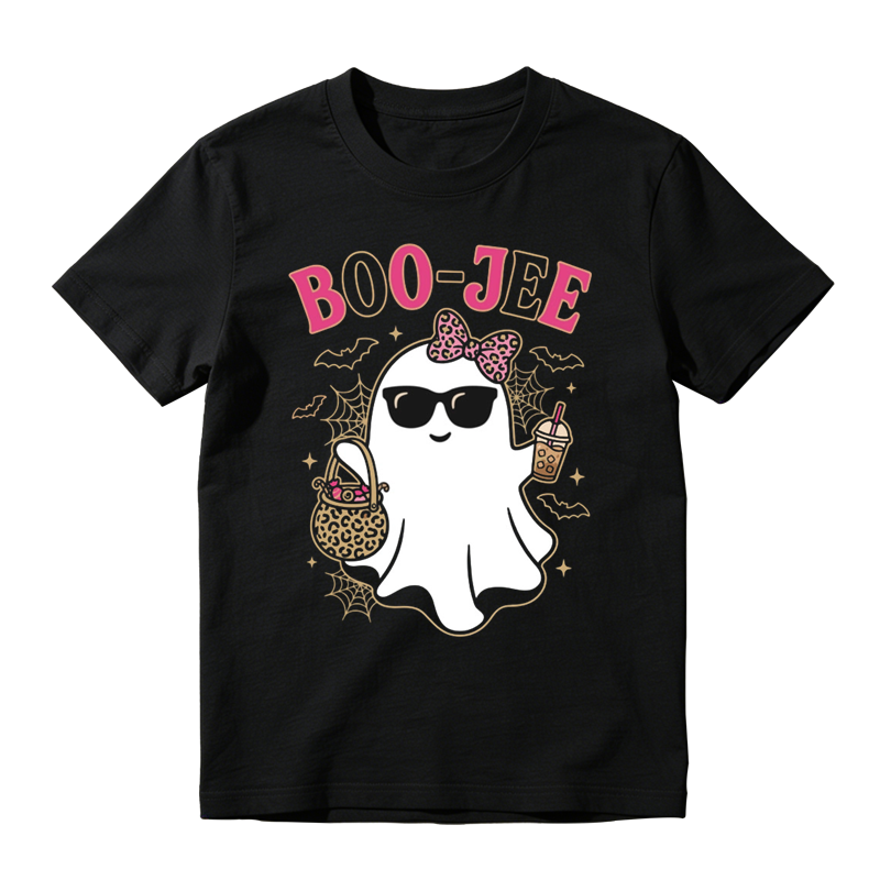 Stylish Boo Jee Ghost With Candy Basket Print Tee Spider Web Bat Halloween Top