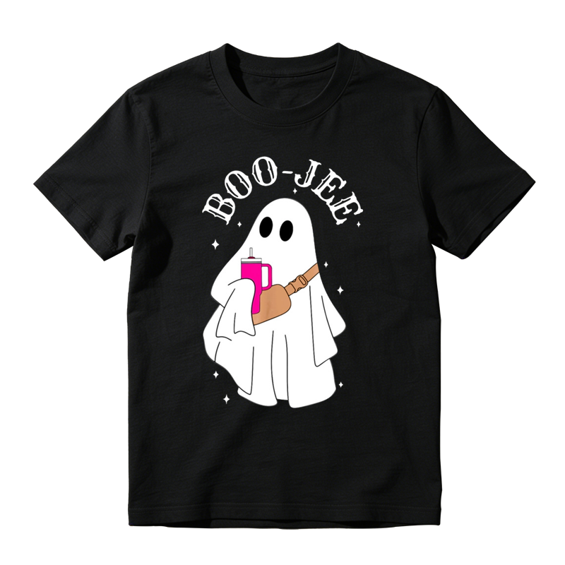 Trendy Ghost Holding Beverage Cup Graphic Tee Boo Jee Halloween Fashion Top