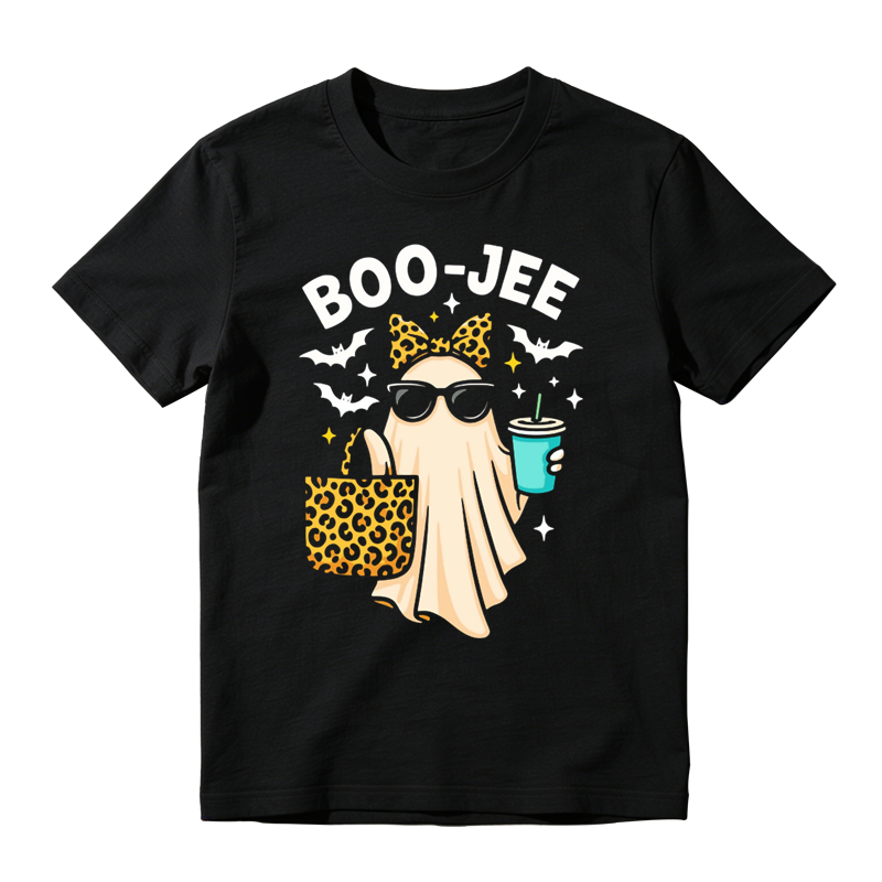 Trendy Leopard Accessory Ghost Iced Drink Print Tee Boo Jee Halloween Daily Top