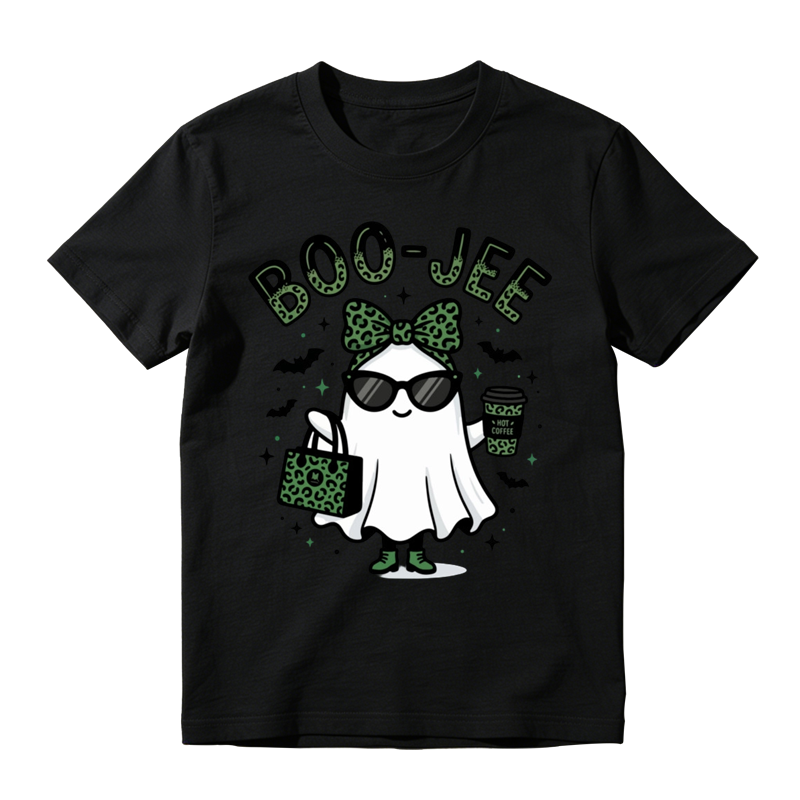 Stylish Boo Jee Ghost With Green Leopard Handbag Print Tee Bat Star Halloween Top
