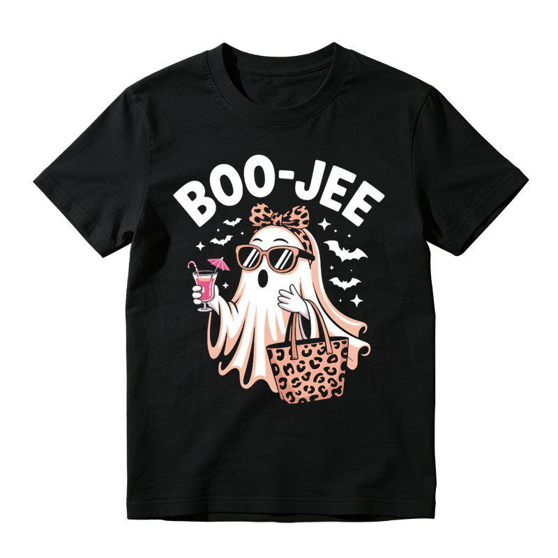 Boo Jee Leopard Bow Ghost Sunglasses Cocktail Drink Graphic Tee Halloween Party Top