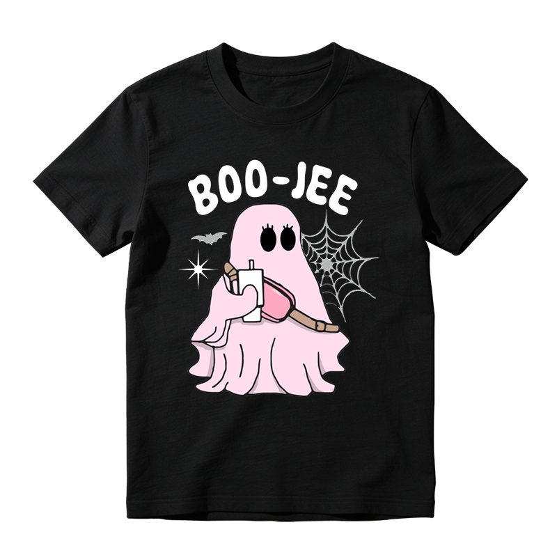 Trendy Boo Jee Pink Ghost Holding Beverage Print Tee Halloween Daily Top