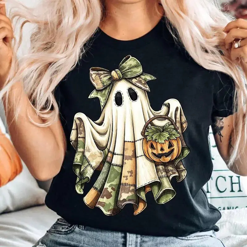 Comfort Color Retro Camo Patchwork Ghost Halloween T-shirt