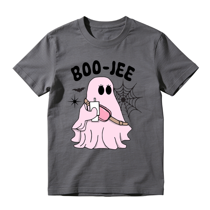 Trendy Boo Jee Pink Ghost Holding Beverage Print Tee Halloween Daily Top