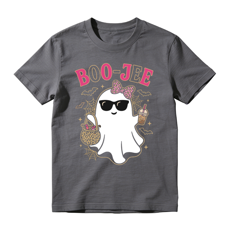 Stylish Boo Jee Ghost With Candy Basket Print Tee Spider Web Bat Halloween Top