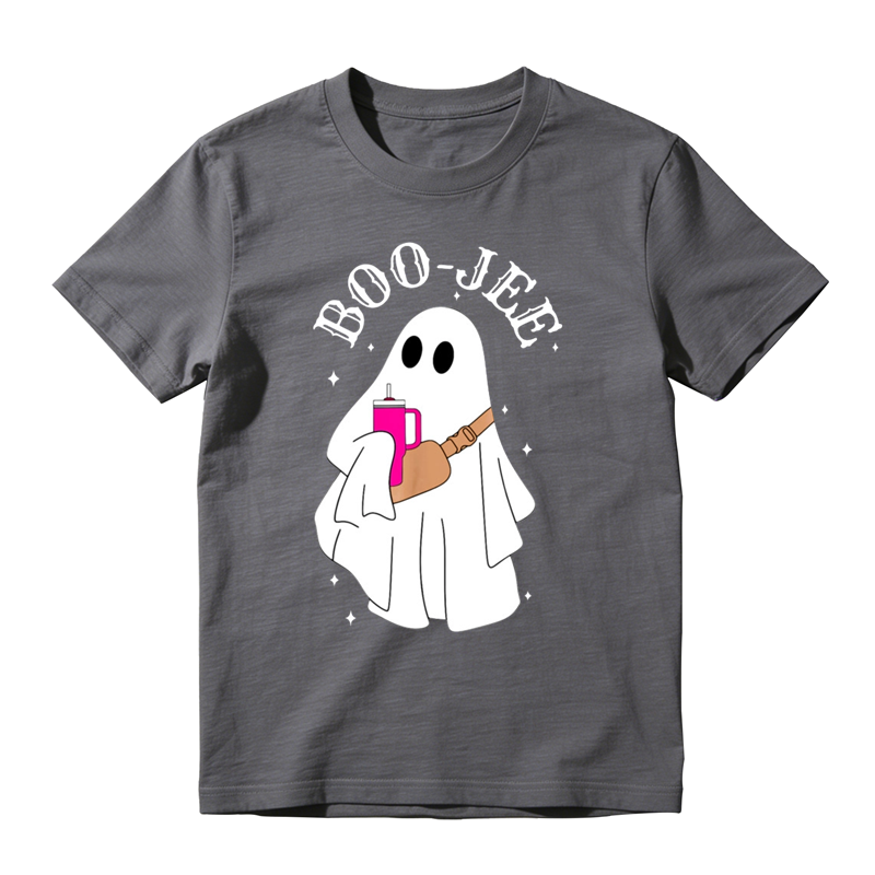 Trendy Ghost Holding Beverage Cup Graphic Tee Boo Jee Halloween Fashion Top