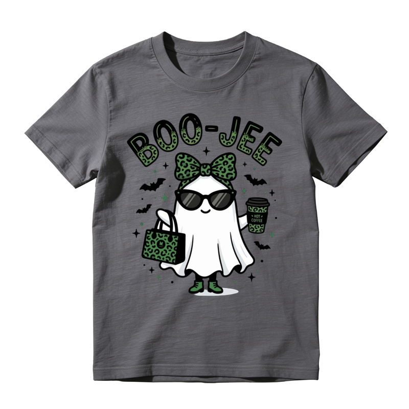 Stylish Boo Jee Ghost With Green Leopard Handbag Print Tee Bat Star Halloween Top