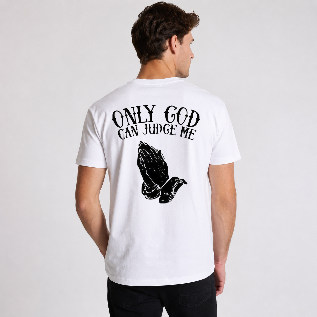 “Faith-Based Streetwear T-Shirt – ‘Only God Can Judge Me’, Oversized, Black & White, Trending”