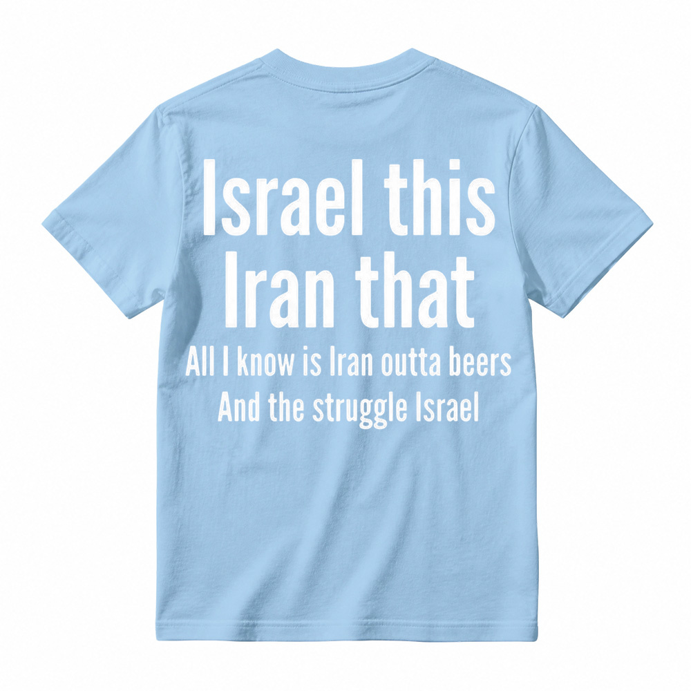 Men's humorous graphic T-shirt featuring the pun "All I Know Is Iran Outta Beers"