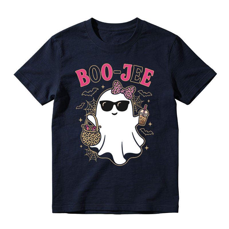 Stylish Boo Jee Ghost With Candy Basket Print Tee Spider Web Bat Halloween Top