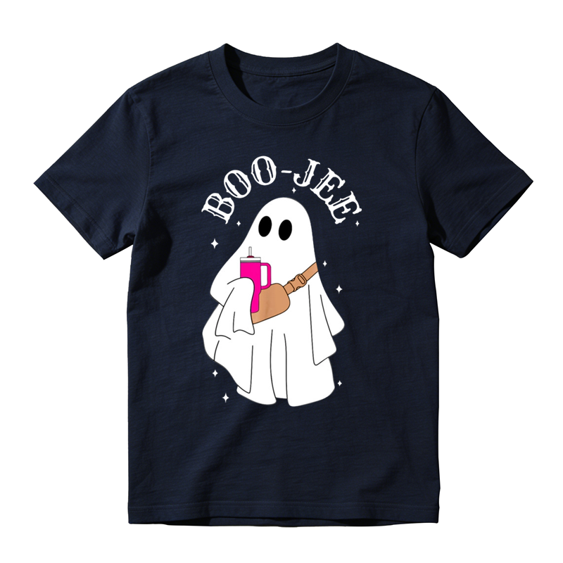 Trendy Ghost Holding Beverage Cup Graphic Tee Boo Jee Halloween Fashion Top
