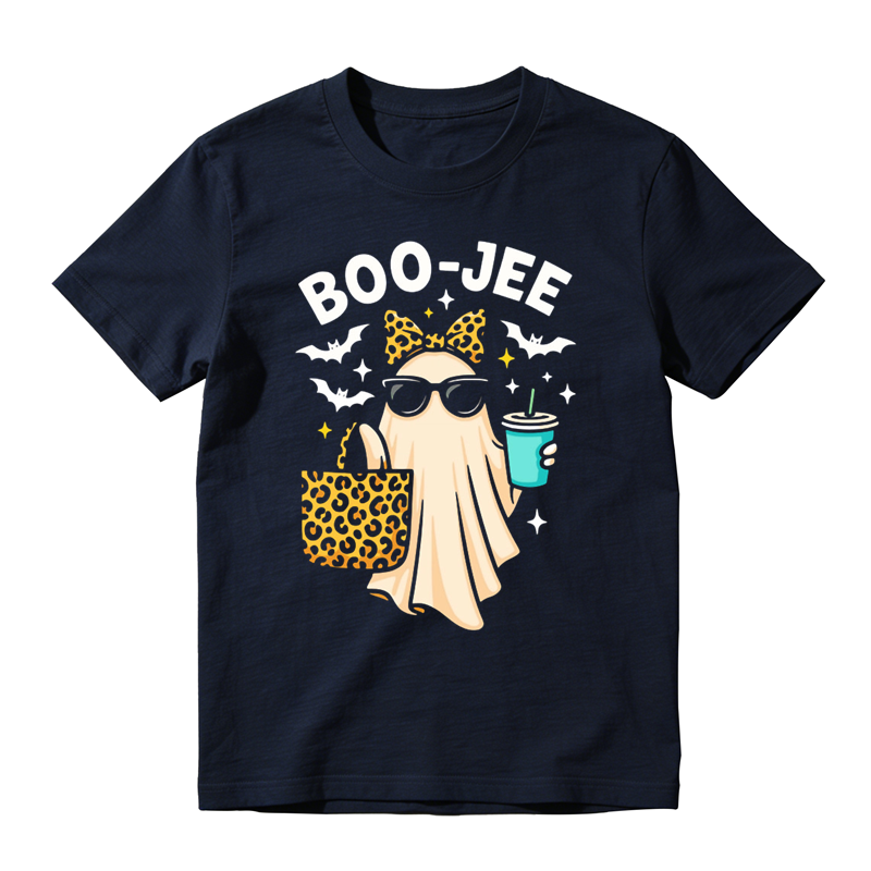 Trendy Leopard Accessory Ghost Iced Drink Print Tee Boo Jee Halloween Daily Top