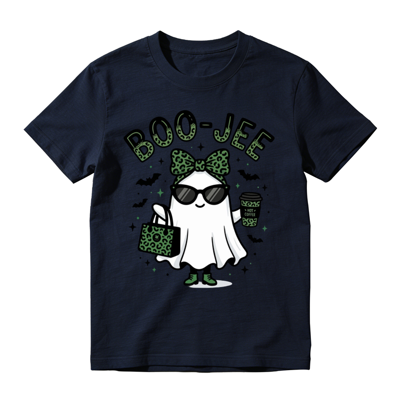 Stylish Boo Jee Ghost With Green Leopard Handbag Print Tee Bat Star Halloween Top