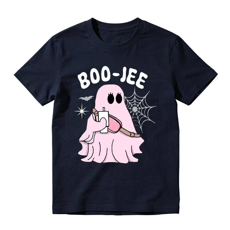 Trendy Boo Jee Pink Ghost Holding Beverage Print Tee Halloween Daily Top