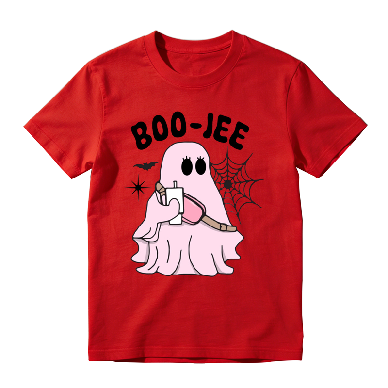 Trendy Boo Jee Pink Ghost Holding Beverage Print Tee Halloween Daily Top