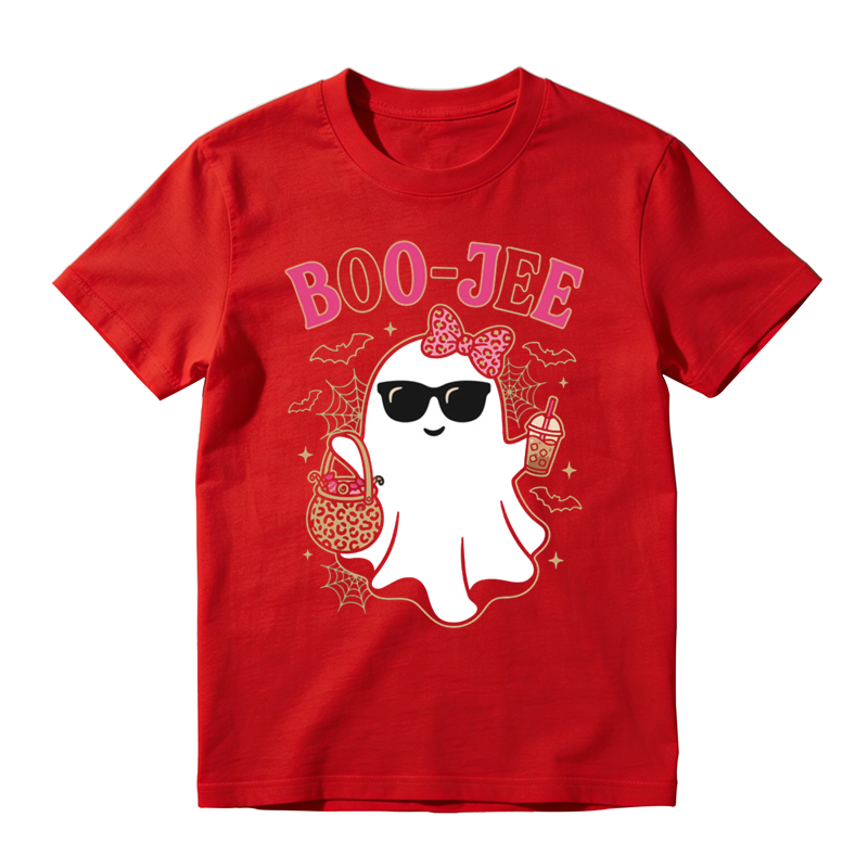 Stylish Boo Jee Ghost With Candy Basket Print Tee Spider Web Bat Halloween Top