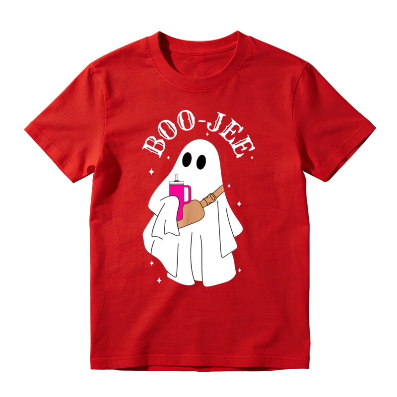 Trendy Ghost Holding Beverage Cup Graphic Tee Boo Jee Halloween Fashion Top