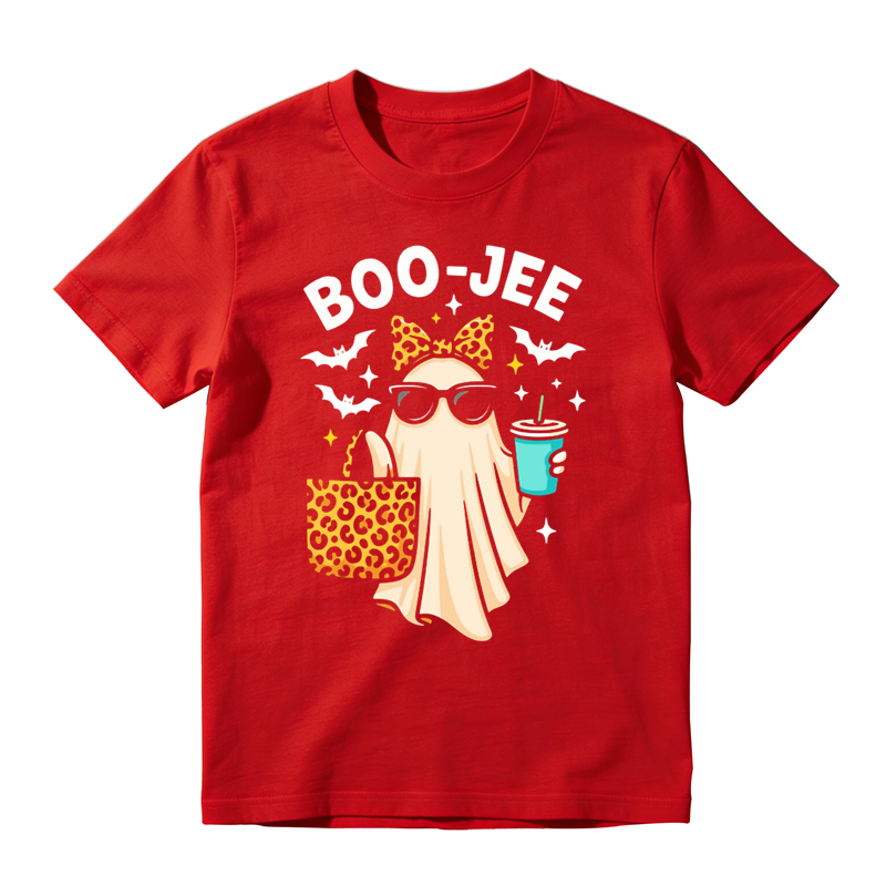 Trendy Leopard Accessory Ghost Iced Drink Print Tee Boo Jee Halloween Daily Top