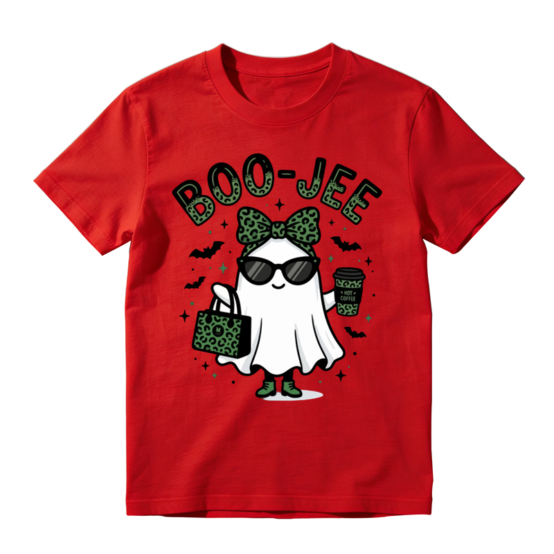 Stylish Boo Jee Ghost With Green Leopard Handbag Print Tee Bat Star Halloween Top