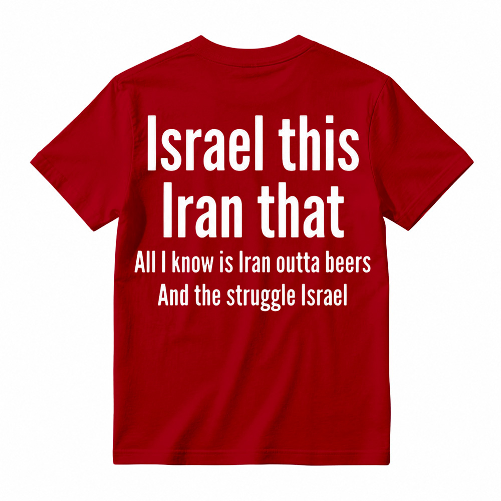 Men's humorous graphic T-shirt featuring the pun "All I Know Is Iran Outta Beers"