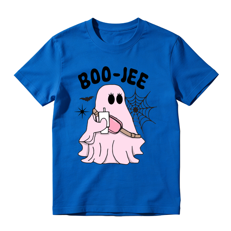 Trendy Boo Jee Pink Ghost Holding Beverage Print Tee Halloween Daily Top