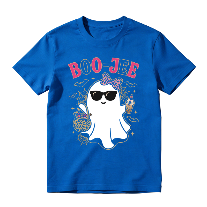 Stylish Boo Jee Ghost With Candy Basket Print Tee Spider Web Bat Halloween Top