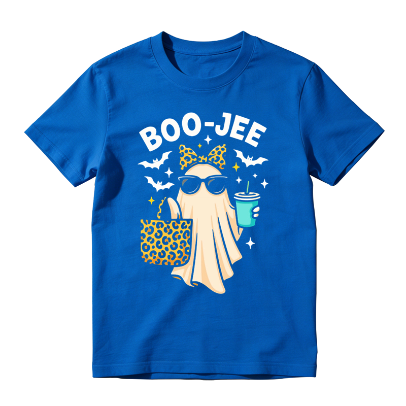 Trendy Leopard Accessory Ghost Iced Drink Print Tee Boo Jee Halloween Daily Top