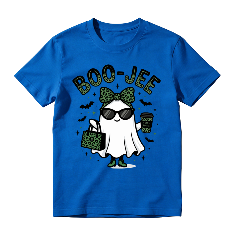 Stylish Boo Jee Ghost With Green Leopard Handbag Print Tee Bat Star Halloween Top