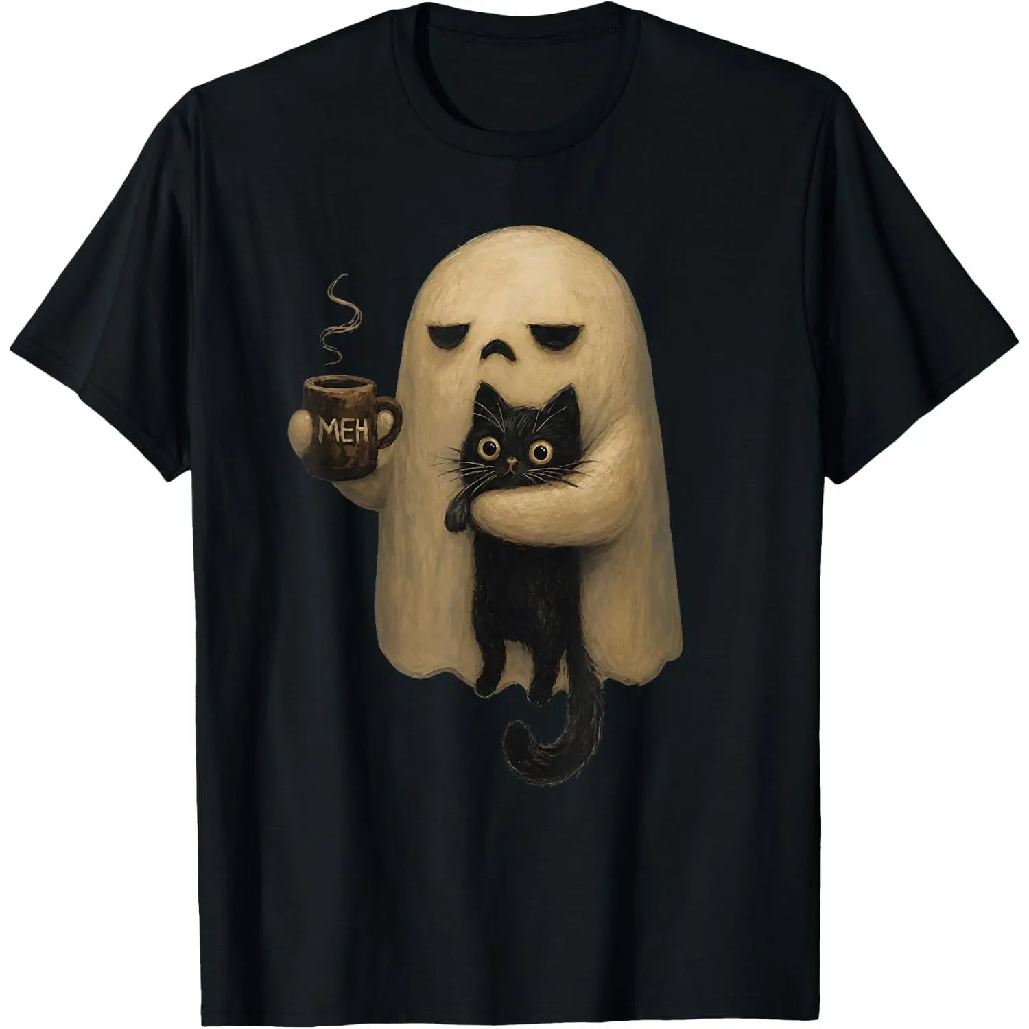 Halloween T-shirts, ChristmasSpooky Ghost Holding Black Cat Coffee Lover Funny Halloween