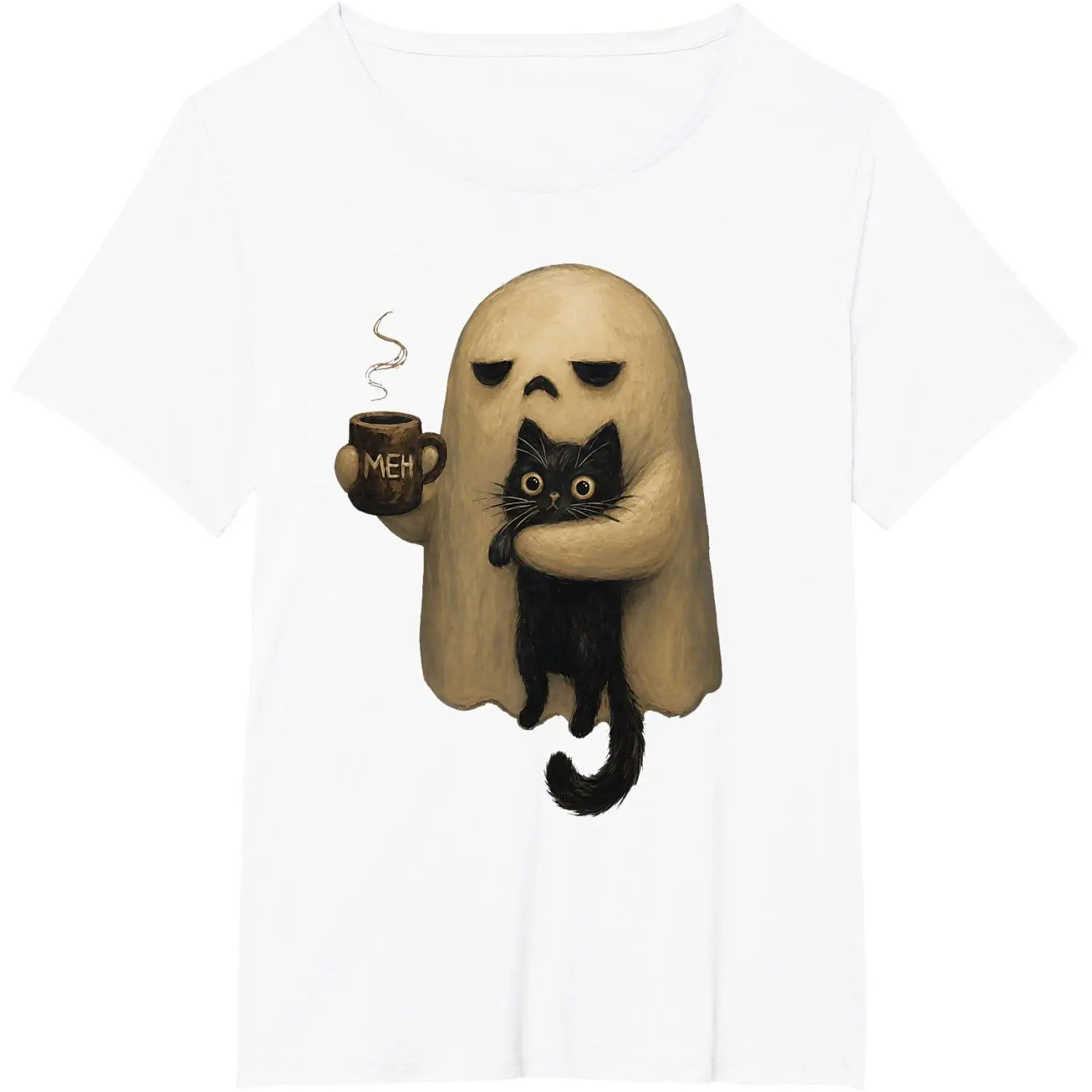 Halloween T-shirts, ChristmasSpooky Ghost Holding Black Cat Coffee Lover Funny Halloween