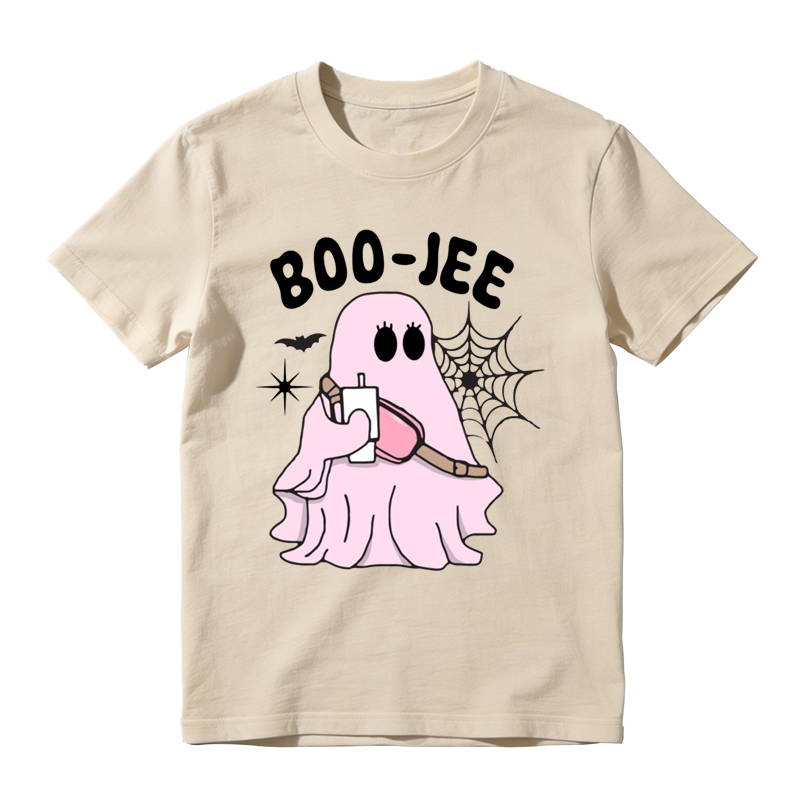 Trendy Boo Jee Pink Ghost Holding Beverage Print Tee Halloween Daily Top