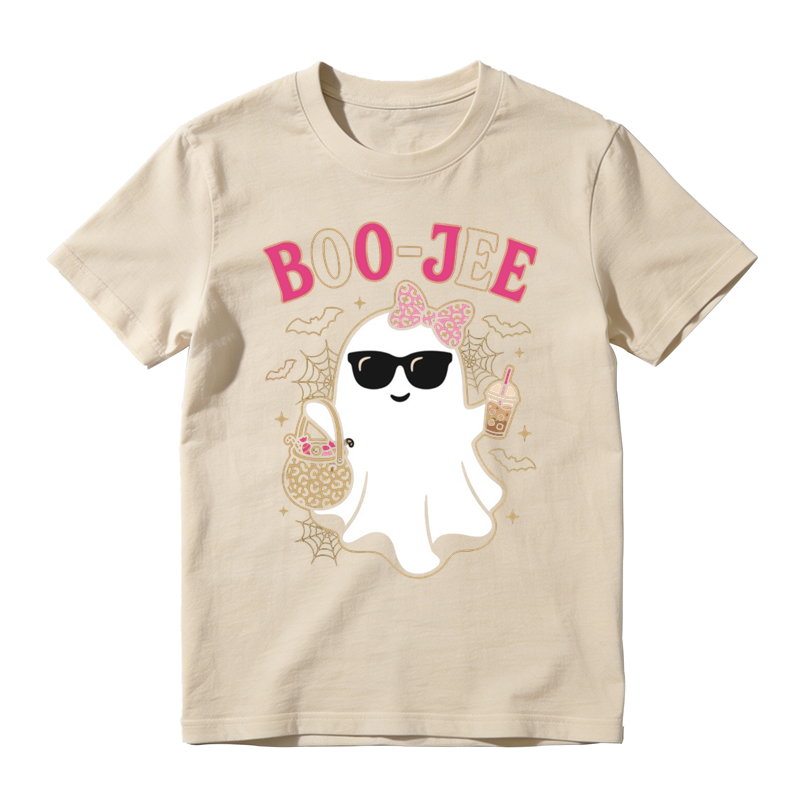 Stylish Boo Jee Ghost With Candy Basket Print Tee Spider Web Bat Halloween Top