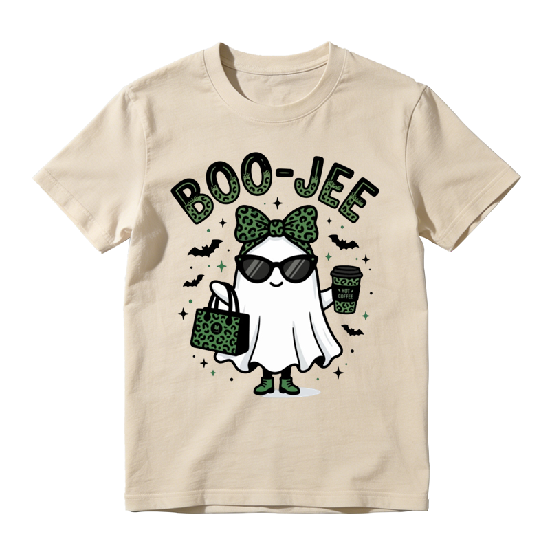 Stylish Boo Jee Ghost With Green Leopard Handbag Print Tee Bat Star Halloween Top