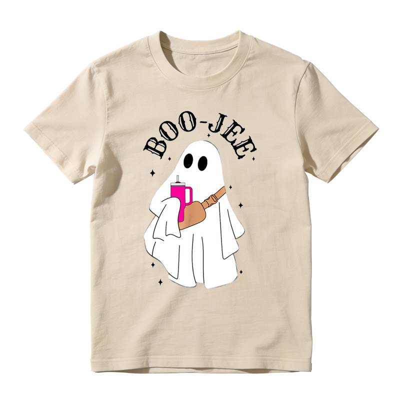 Trendy Ghost Holding Beverage Cup Graphic Tee Boo Jee Halloween Fashion Top