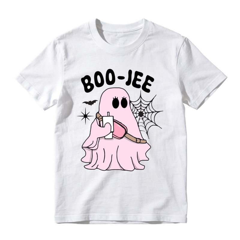 Trendy Boo Jee Pink Ghost Holding Beverage Print Tee Halloween Daily Top