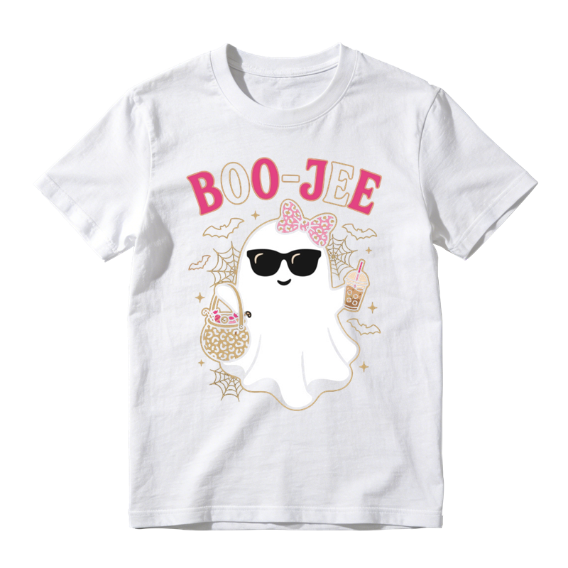 Stylish Boo Jee Ghost With Candy Basket Print Tee Spider Web Bat Halloween Top