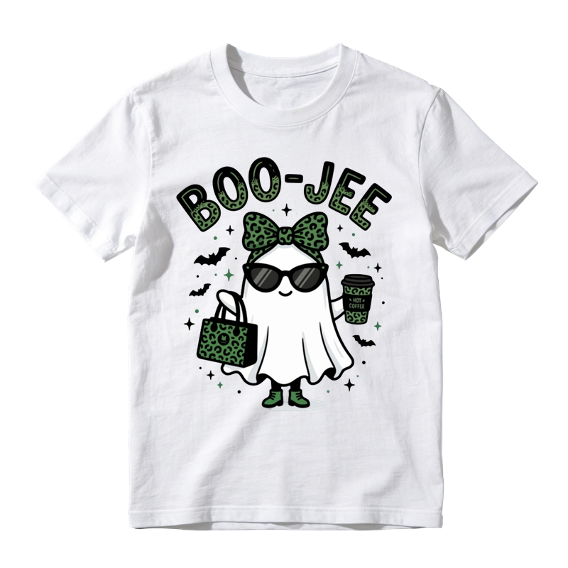 Stylish Boo Jee Ghost With Green Leopard Handbag Print Tee Bat Star Halloween Top