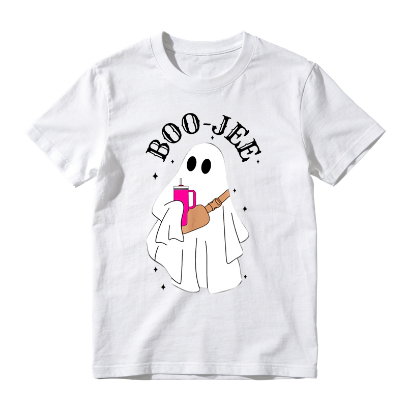 Trendy Ghost Holding Beverage Cup Graphic Tee Boo Jee Halloween Fashion Top